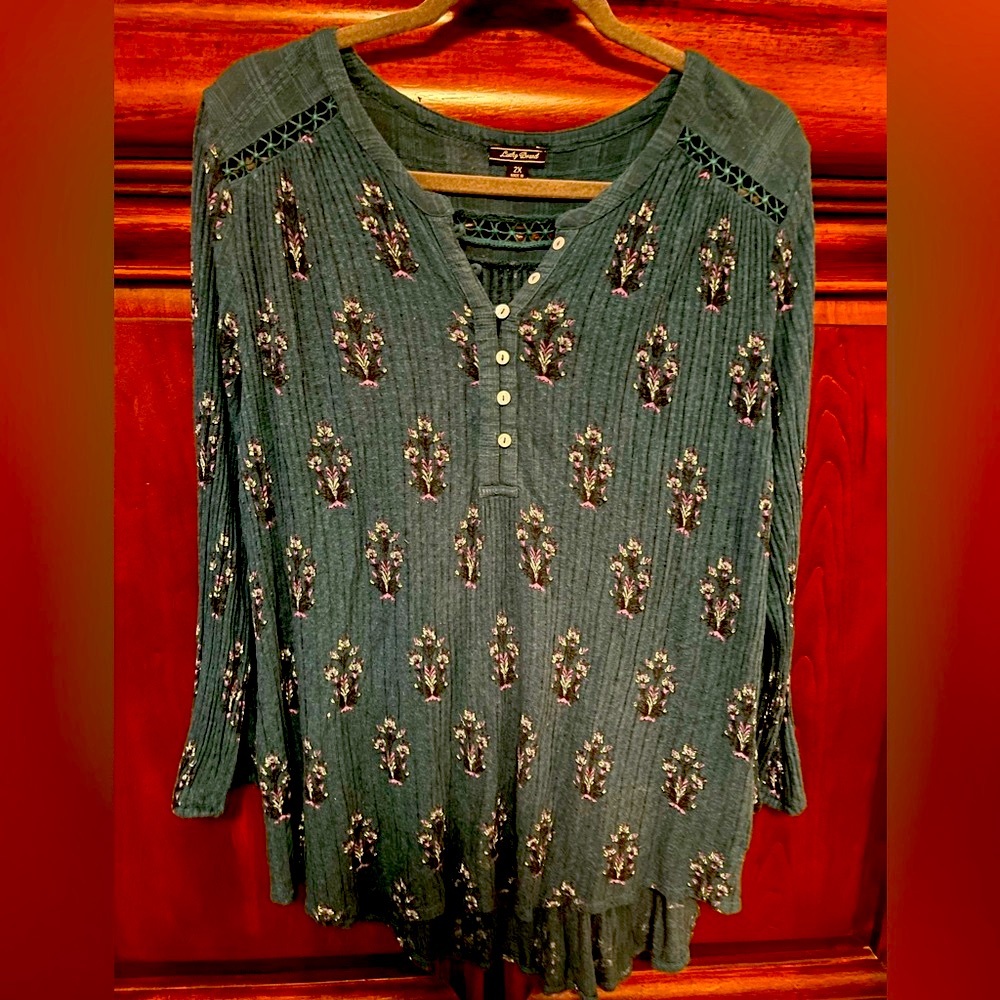 Lucky Brand Floral Teal Women's 3/4 Sleeve Top 2X